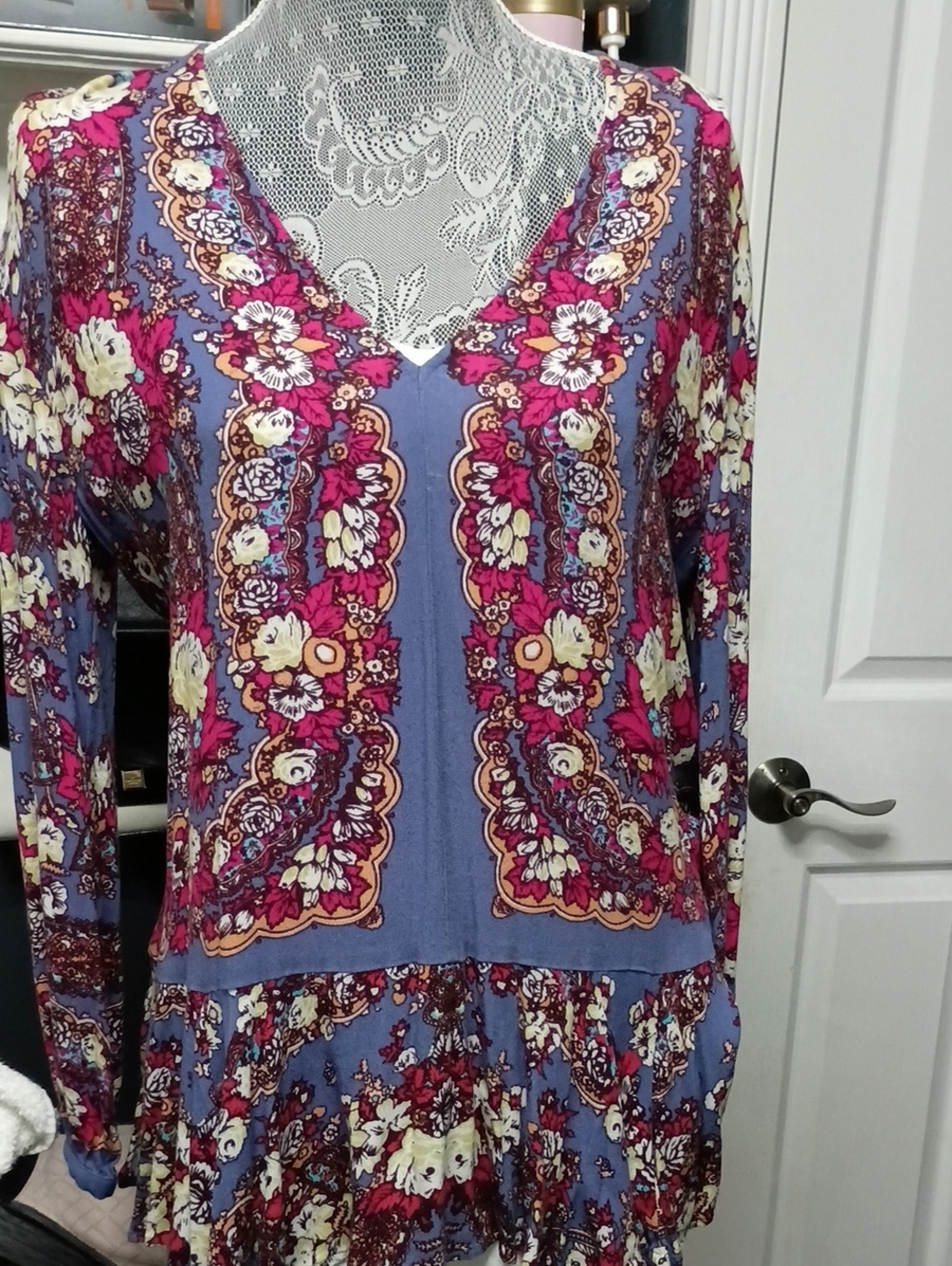 Free People Floral V-Neck Tunic in Blue & Pink